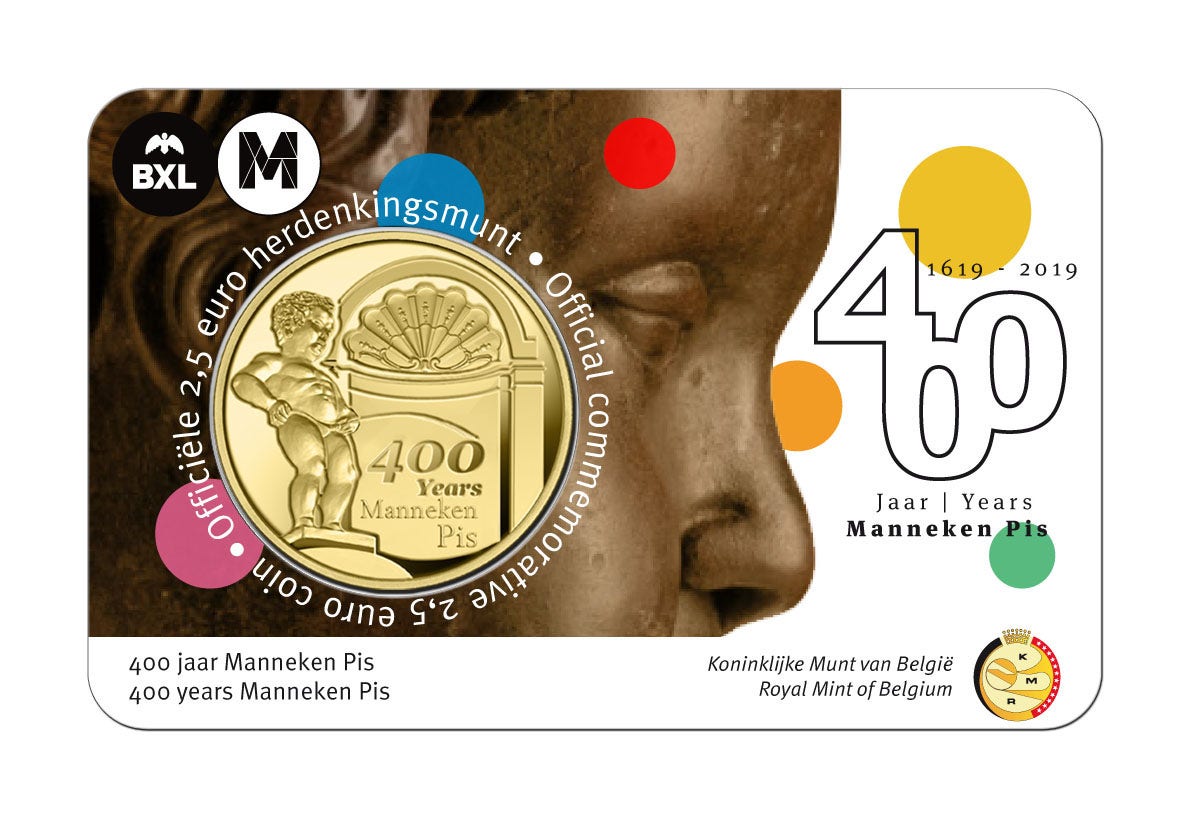 Moneda comemorativă de 2,5 euro Belgia 2019 „400 de ani Manneken Pis” BU în coincard - NL