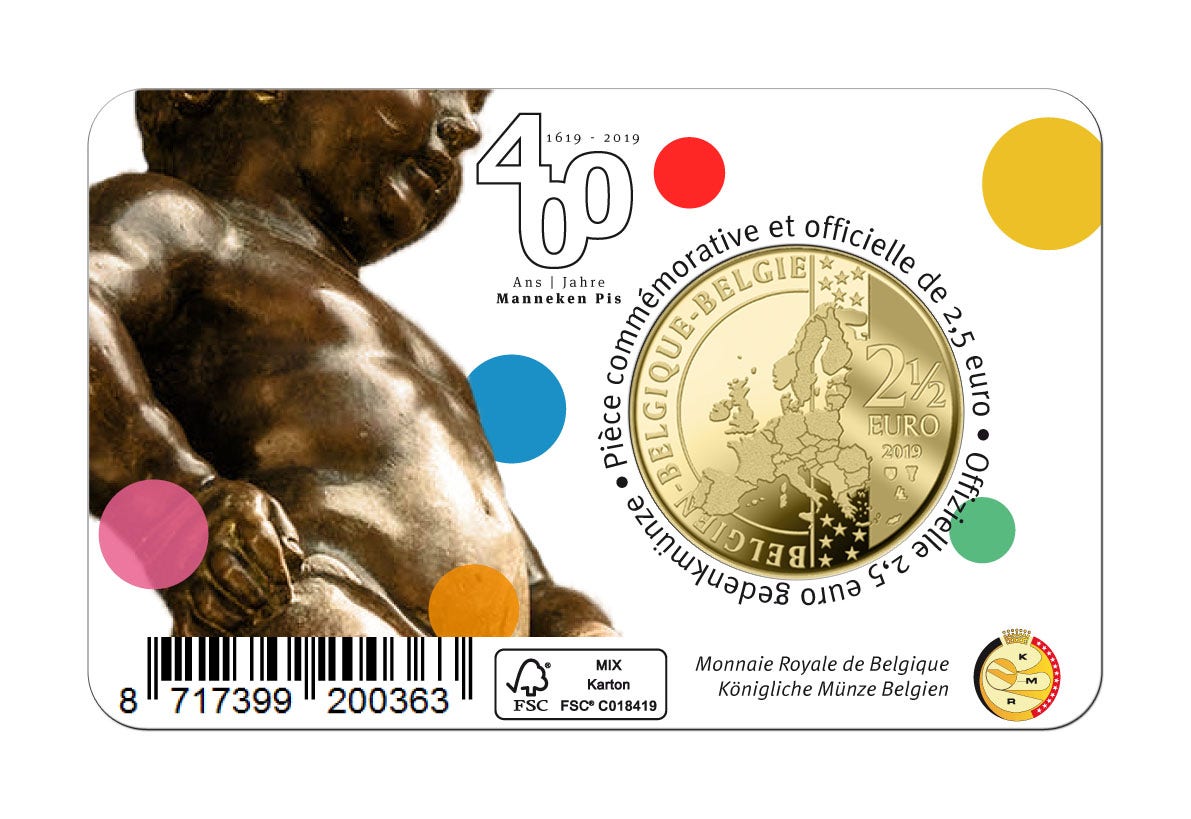 Moneda comemorativă de 2,5 euro Belgia 2019 „400 de ani Manneken Pis” BU în coincard - NL