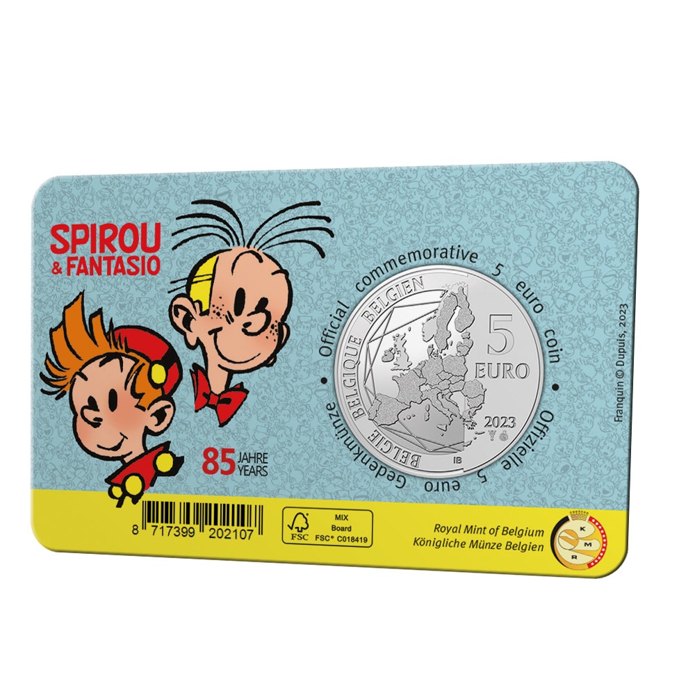 Moneda de 5 euro Belgia 2023 „85 de ani Spirou și Fantasio” Culoare BU în Coincard