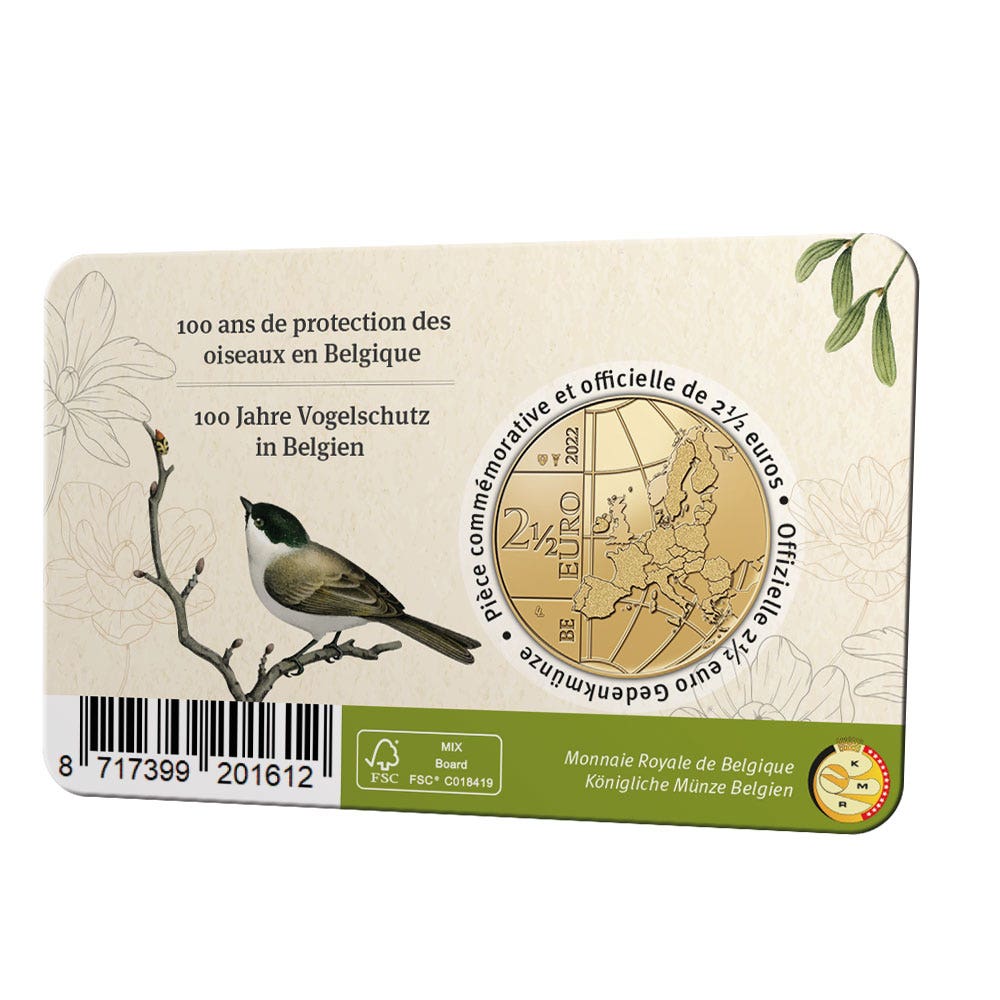 Belgia Moneda de 2,5 euro 2022 „100 de ani de protecție a păsărilor în Belgia” BU în Coincard NL